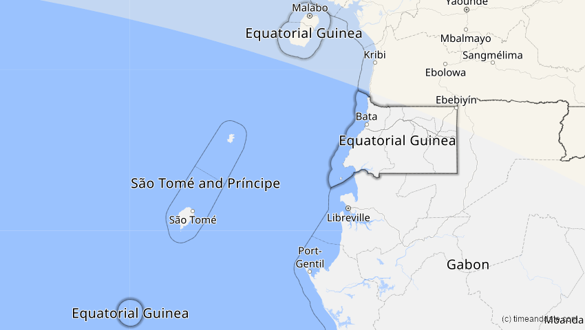 A map of Equatorial Guinea, showing the path of the Aug 2, 2027 Total Solar Eclipse