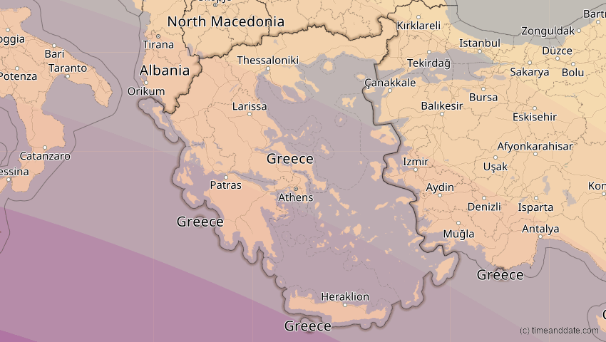 A map of Greece, showing the path of the Aug 2, 2027 Total Solar Eclipse