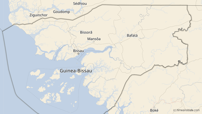 A map of Guinea-Bissau, showing the path of the Aug 2, 2027 Total Solar Eclipse