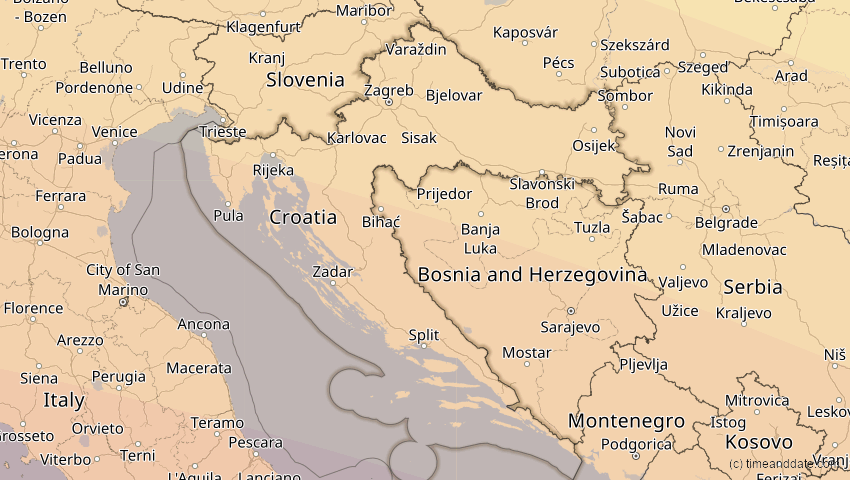 A map of Croatia, showing the path of the Aug 2, 2027 Total Solar Eclipse