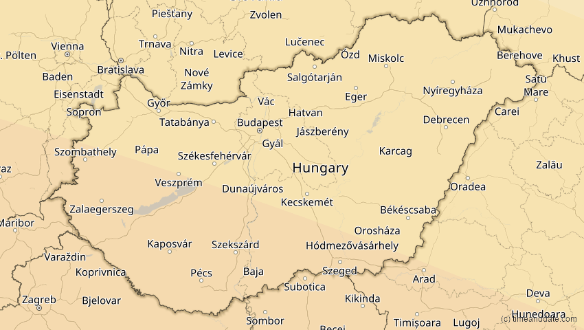 A map of Hungary, showing the path of the Aug 2, 2027 Total Solar Eclipse