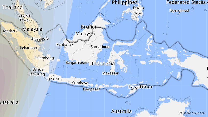 A map of Indonesien, showing the path of the 2. Aug 2027 Totale Sonnenfinsternis