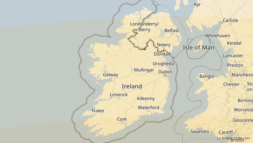 A map of Ireland, showing the path of the Aug 2, 2027 Total Solar Eclipse