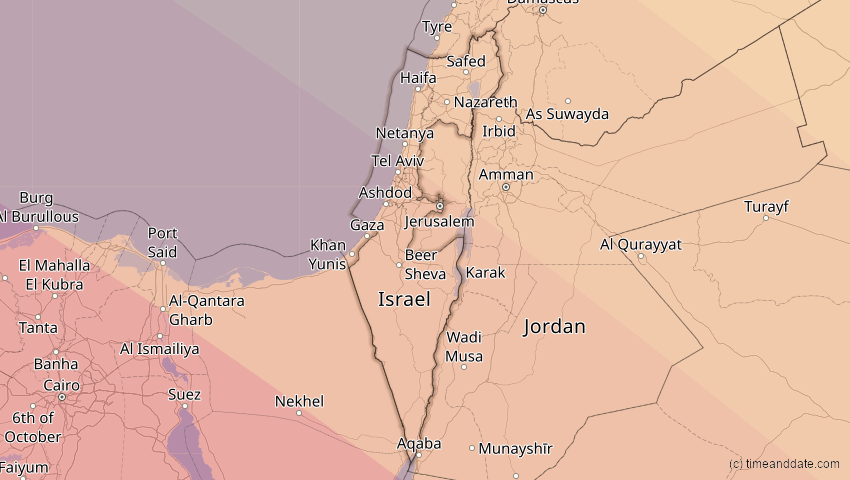 A map of Israel, showing the path of the 2. Aug 2027 Totale Sonnenfinsternis