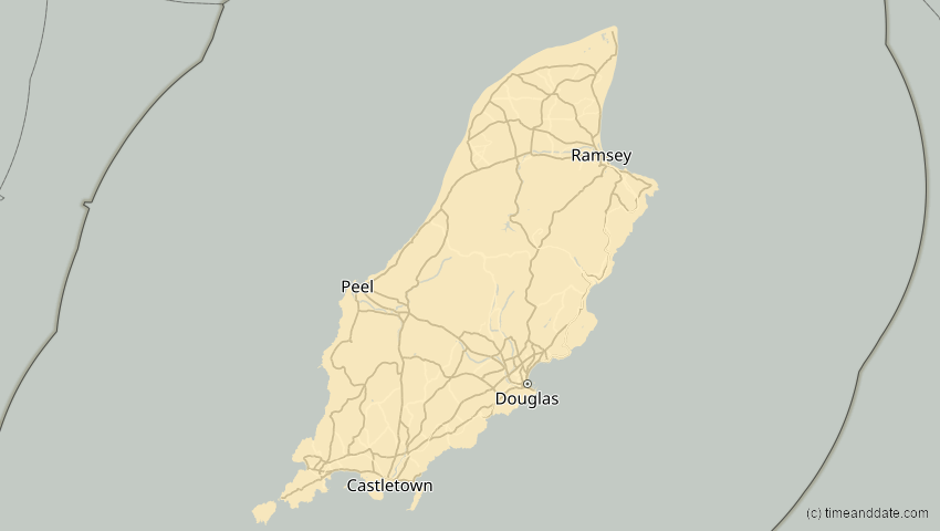 A map of Isle of Man, showing the path of the 2. Aug 2027 Totale Sonnenfinsternis