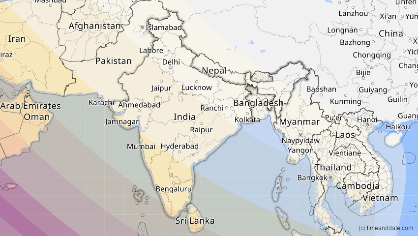A map of India, showing the path of the Aug 2, 2027 Total Solar Eclipse