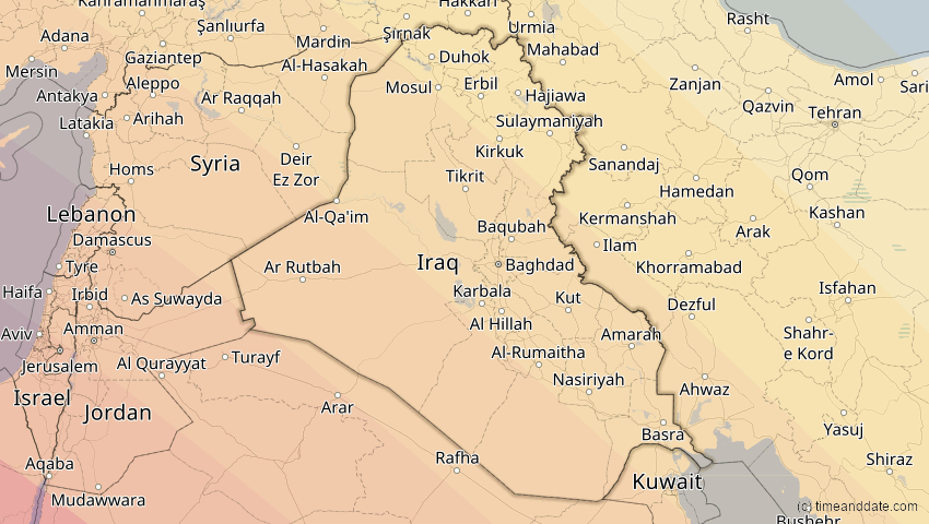 A map of Irak, showing the path of the 2. Aug 2027 Totale Sonnenfinsternis