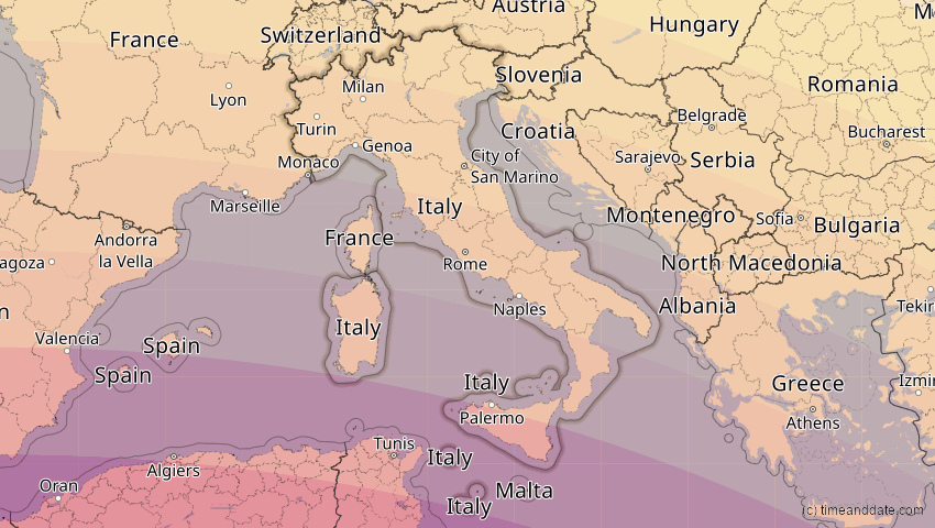 A map of Italy, showing the path of the Aug 2, 2027 Total Solar Eclipse