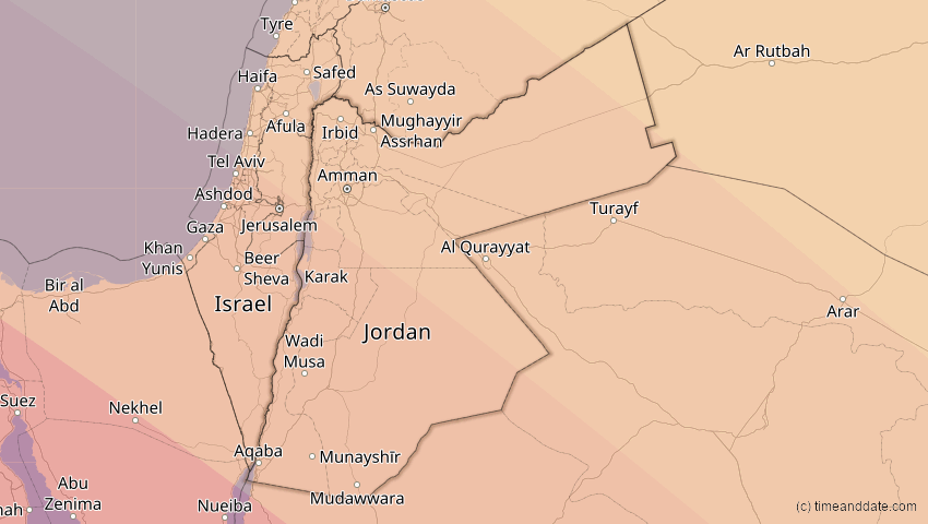 A map of Jordanien, showing the path of the 2. Aug 2027 Totale Sonnenfinsternis