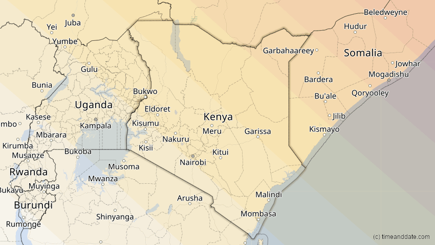 A map of Kenya, showing the path of the Aug 2, 2027 Total Solar Eclipse
