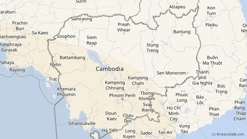 A map of Cambodia, showing the path of the Aug 2, 2027 Total Solar Eclipse
