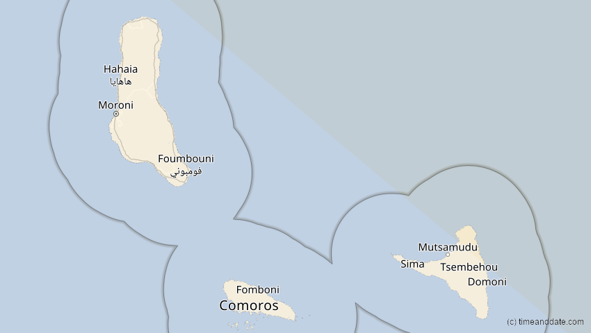 A map of Comoros, showing the path of the Aug 2, 2027 Total Solar Eclipse