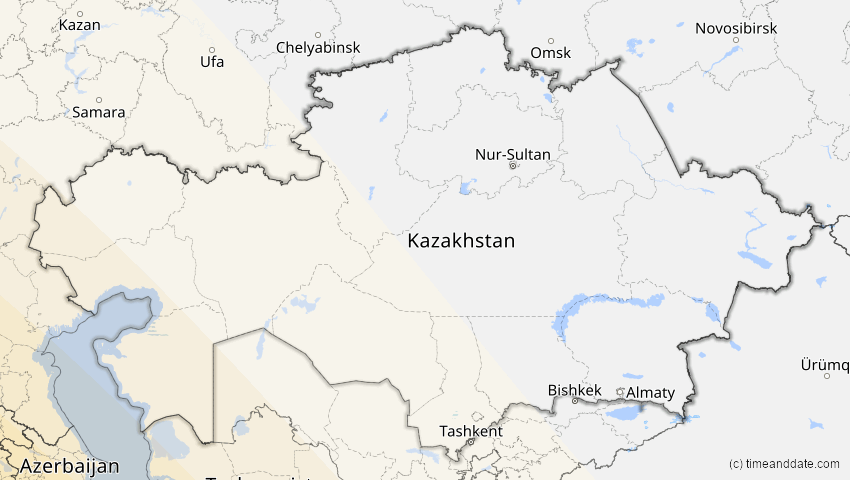 A map of Kasachstan, showing the path of the 2. Aug 2027 Totale Sonnenfinsternis