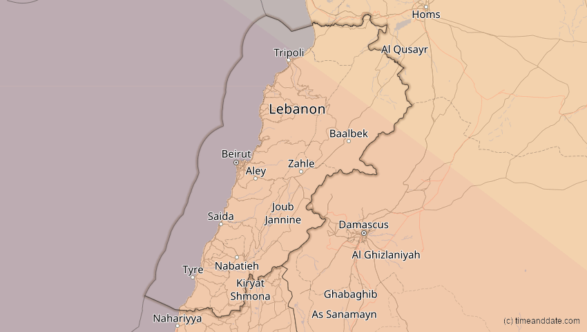 A map of Libanon, showing the path of the 2. Aug 2027 Totale Sonnenfinsternis