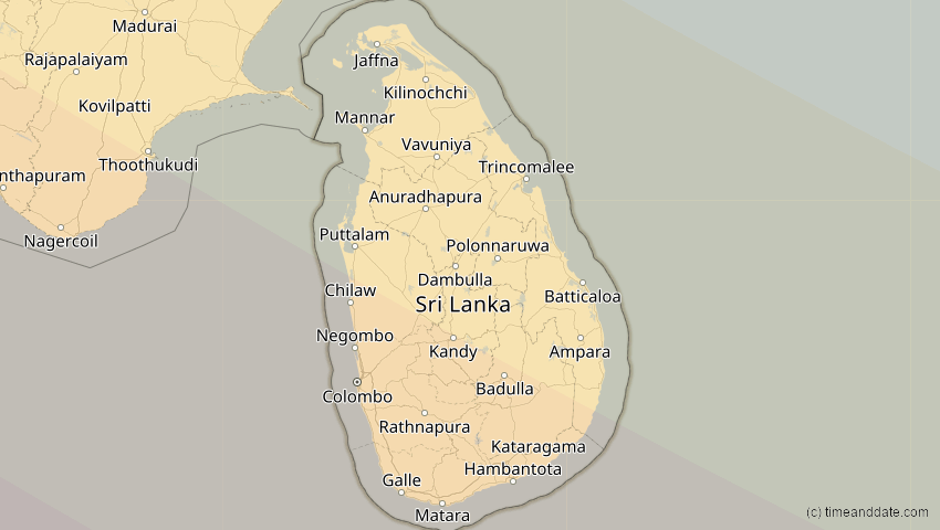 A map of Sri Lanka, showing the path of the Aug 2, 2027 Total Solar Eclipse