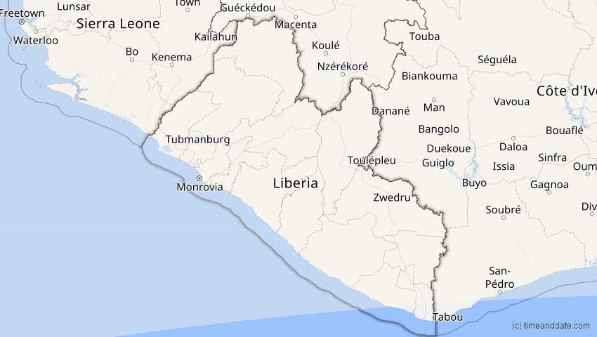 A map of Liberia, showing the path of the Aug 2, 2027 Total Solar Eclipse