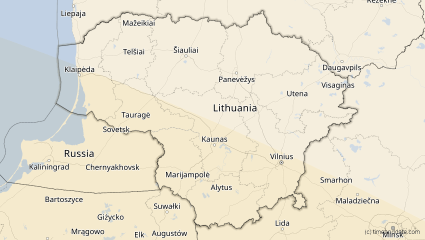 A map of Lithuania, showing the path of the Aug 2, 2027 Total Solar Eclipse