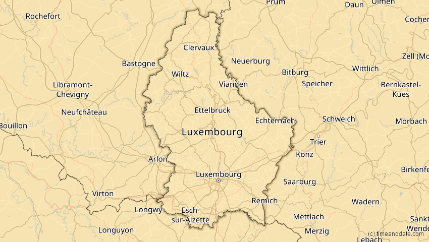 A map of Luxembourg, showing the path of the Aug 2, 2027 Total Solar Eclipse