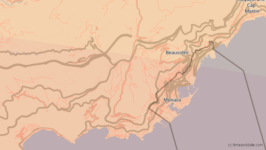 A map of Monaco, showing the path of the 2. Aug 2027 Totale Sonnenfinsternis