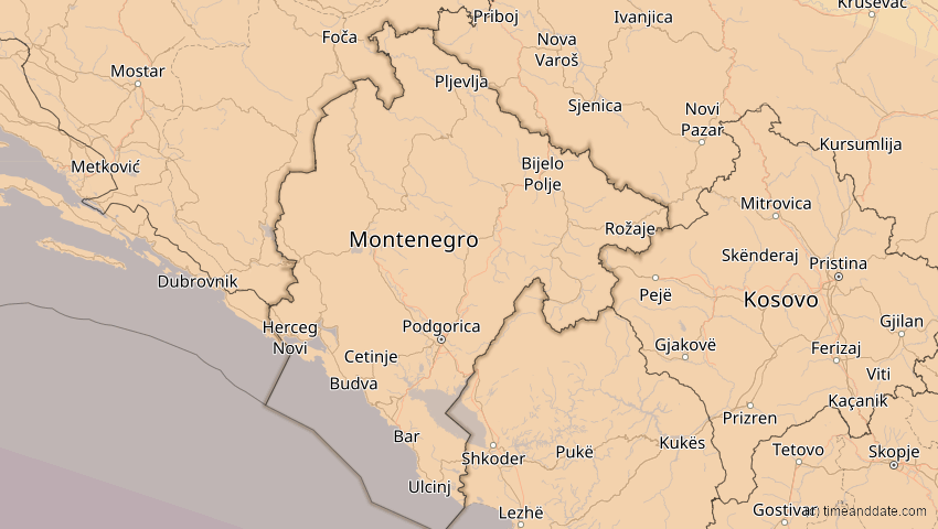 A map of Montenegro, showing the path of the 2. Aug 2027 Totale Sonnenfinsternis