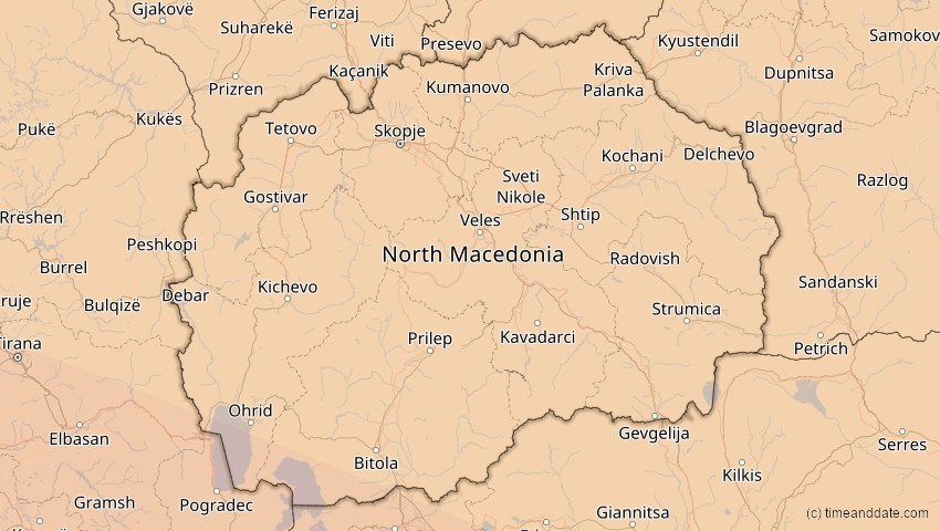 A map of North Macedonia, showing the path of the Aug 2, 2027 Total Solar Eclipse
