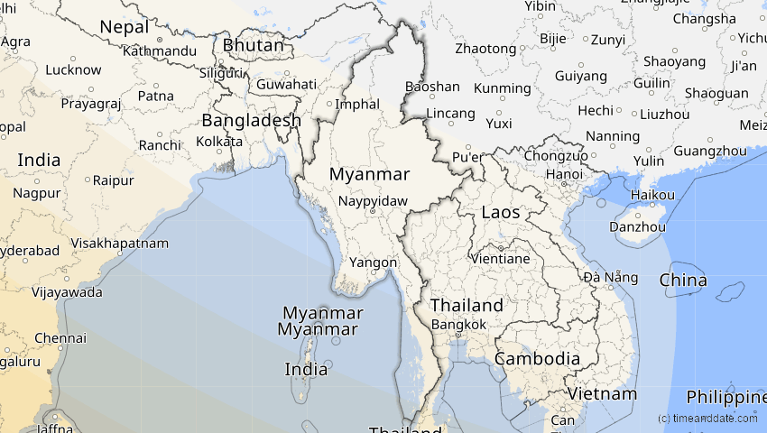A map of Myanmar, showing the path of the 2. Aug 2027 Totale Sonnenfinsternis