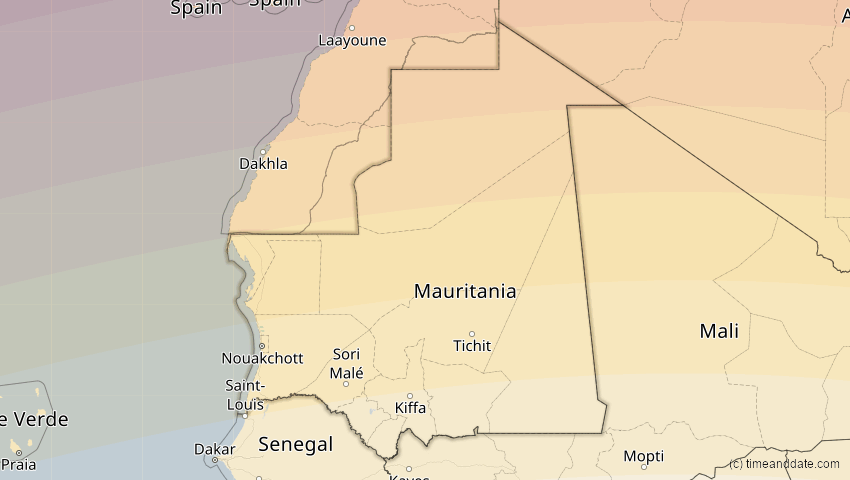 A map of Mauritania, showing the path of the Aug 2, 2027 Total Solar Eclipse