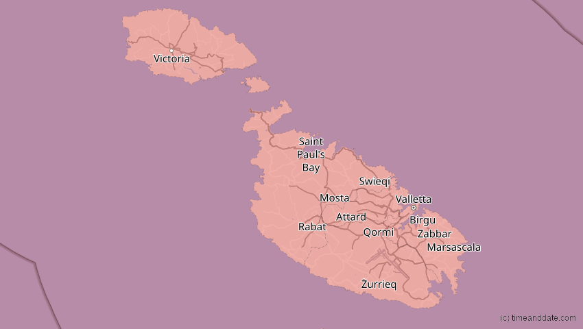A map of Malta, showing the path of the 2. Aug 2027 Totale Sonnenfinsternis