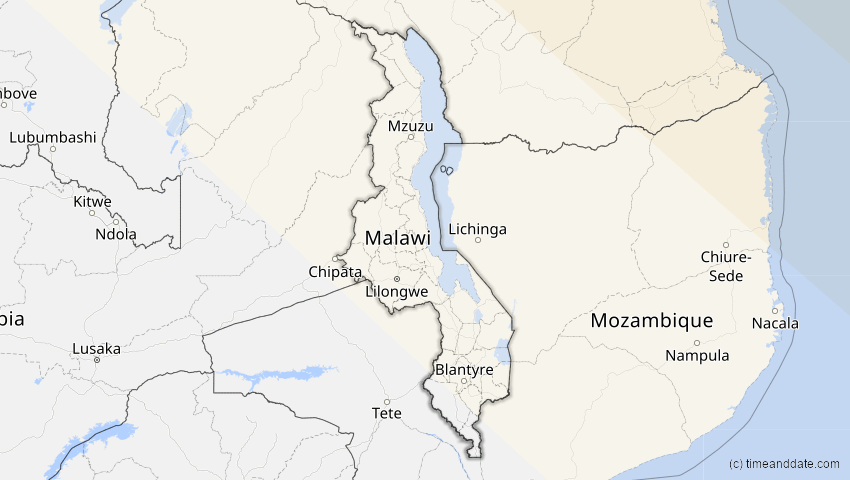 A map of Malawi, showing the path of the 2. Aug 2027 Totale Sonnenfinsternis