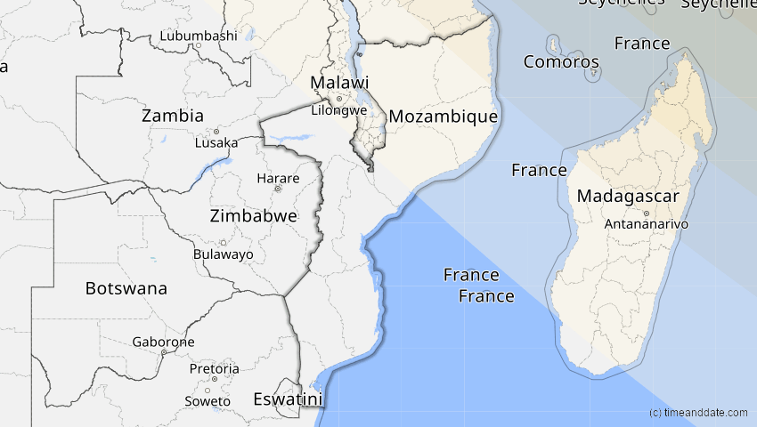 A map of Mozambique, showing the path of the Aug 2, 2027 Total Solar Eclipse