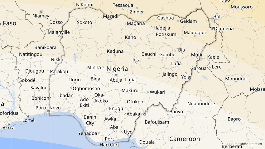 A map of Nigeria, showing the path of the 2. Aug 2027 Totale Sonnenfinsternis
