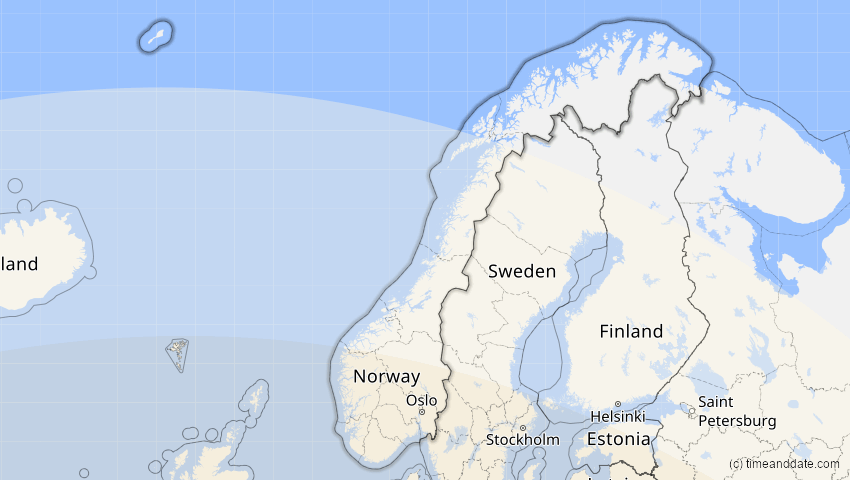 A map of Norwegen, showing the path of the 2. Aug 2027 Totale Sonnenfinsternis