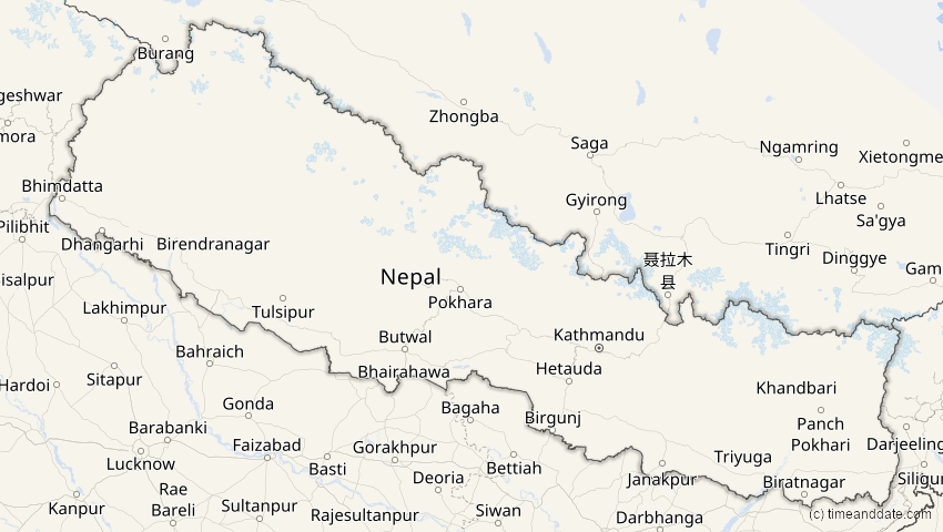 A map of Nepal, showing the path of the Aug 2, 2027 Total Solar Eclipse