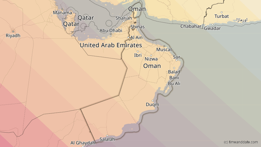 A map of Oman, showing the path of the 2. Aug 2027 Totale Sonnenfinsternis