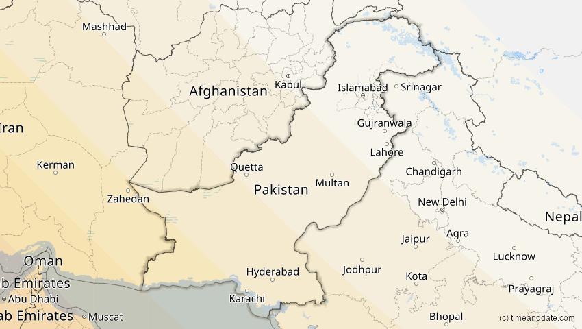 A map of Pakistan, showing the path of the 2. Aug 2027 Totale Sonnenfinsternis