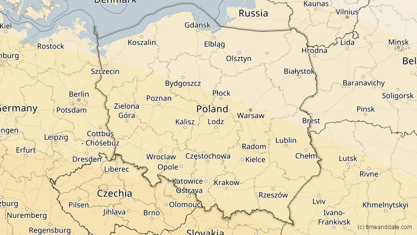 A map of Poland, showing the path of the Aug 2, 2027 Total Solar Eclipse