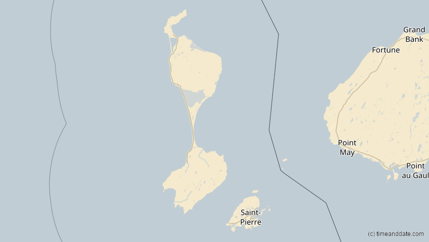 A map of Saint Pierre and Miquelon, showing the path of the Aug 2, 2027 Total Solar Eclipse