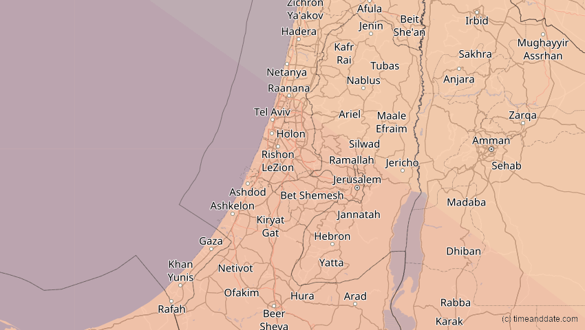 A map of Palestine, showing the path of the Aug 2, 2027 Total Solar Eclipse