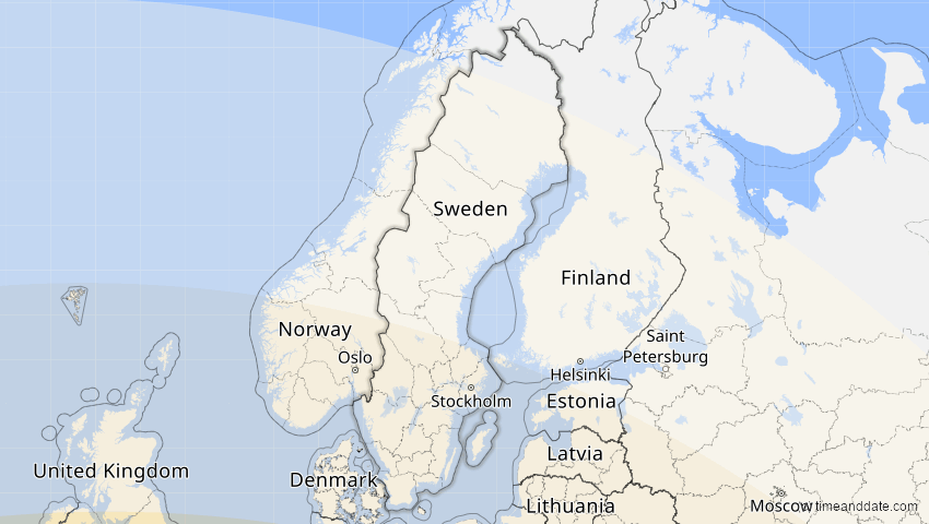 A map of Sweden, showing the path of the Aug 2, 2027 Total Solar Eclipse