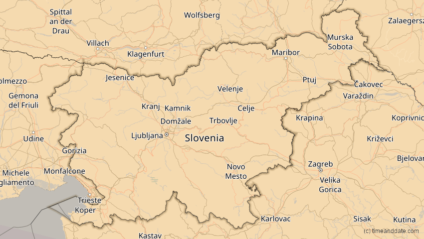 A map of Slovenia, showing the path of the Aug 2, 2027 Total Solar Eclipse