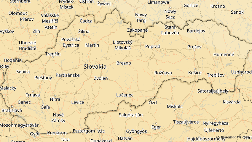 A map of Slovakia, showing the path of the Aug 2, 2027 Total Solar Eclipse