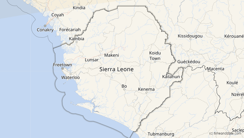 A map of Sierra Leone, showing the path of the Aug 2, 2027 Total Solar Eclipse
