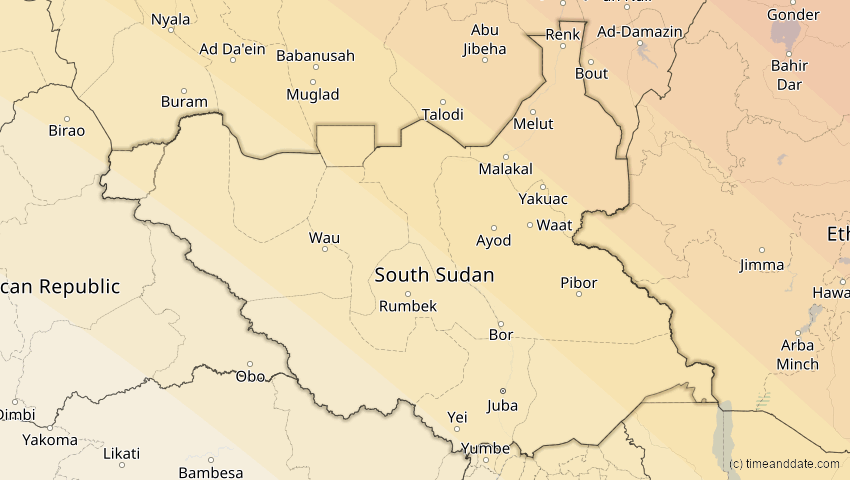 A map of South Sudan, showing the path of the Aug 2, 2027 Total Solar Eclipse