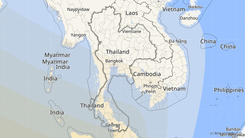 A map of Thailand, showing the path of the 2. Aug 2027 Totale Sonnenfinsternis