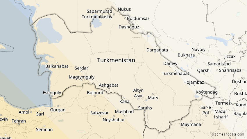 A map of Turkmenistan, showing the path of the 2. Aug 2027 Totale Sonnenfinsternis