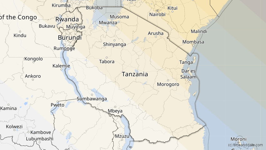 A map of Tanzania, showing the path of the Aug 2, 2027 Total Solar Eclipse