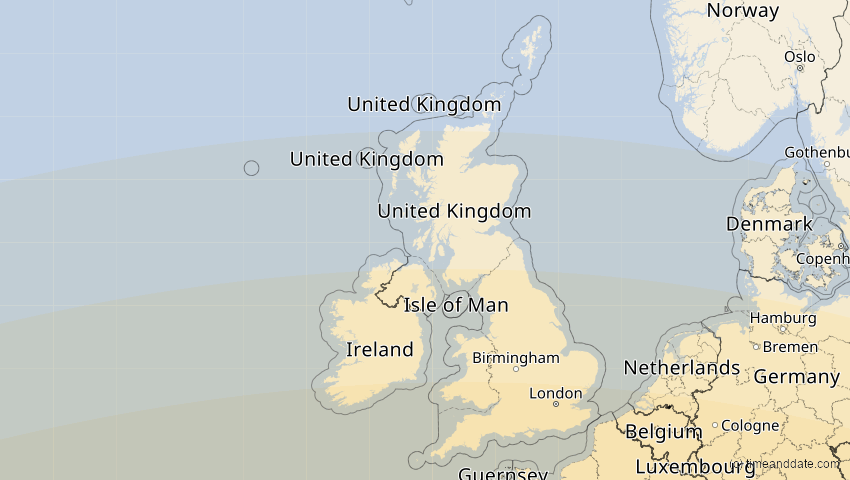 A map of United Kingdom, showing the path of the Aug 2, 2027 Total Solar Eclipse