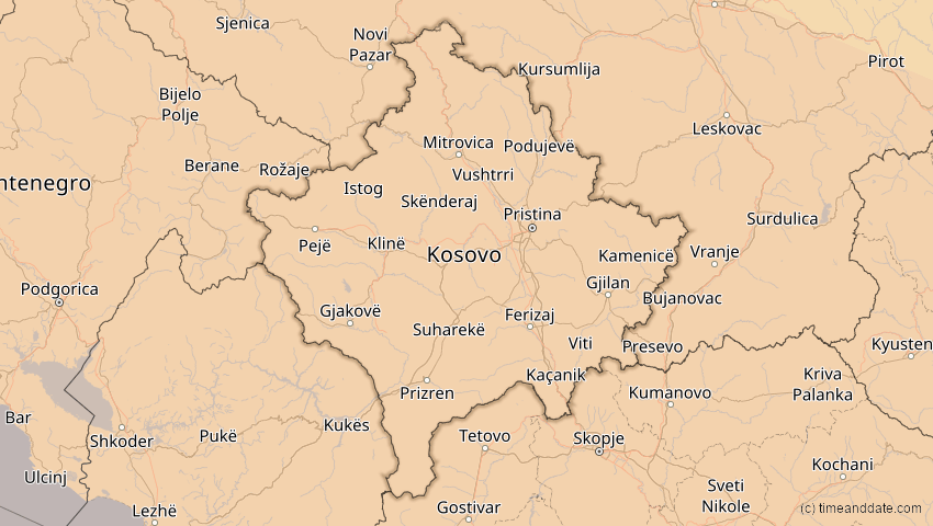 A map of Kosovo, showing the path of the Aug 2, 2027 Total Solar Eclipse