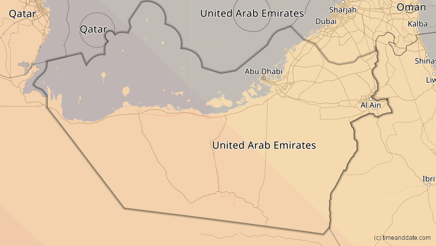 A map of Abu Dhabi, Vereinigte Arabische Emirate, showing the path of the 2. Aug 2027 Totale Sonnenfinsternis