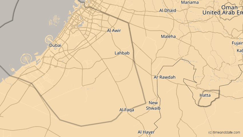 A map of Dubai, Vereinigte Arabische Emirate, showing the path of the 2. Aug 2027 Totale Sonnenfinsternis